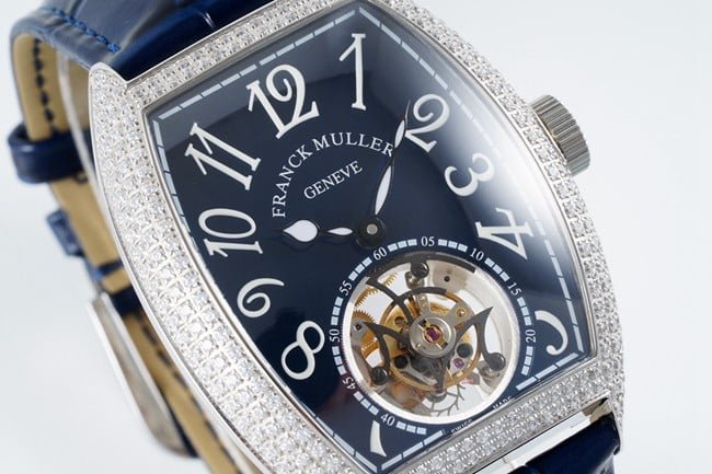 top-tier replica Frank Muller super clone watch men's blue dial blue band tourbillon manual winding mechanical leather strap front view