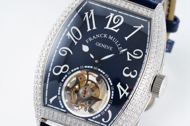 top-tier replica Frank Muller super clone watch men's blue dial blue band tourbillon manual winding mechanical leather strap front view