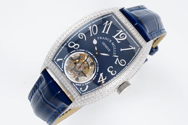 top-tier replica Frank Muller super clone watch men's blue dial blue band tourbillon manual winding mechanical leather strap front view