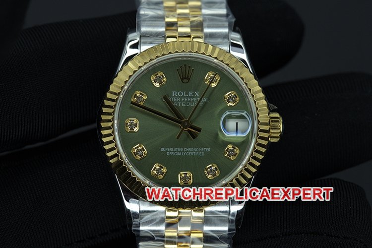 WFRolexreplica women's watch Datejust 28mm gold green dial mechanical water resistance watch front view