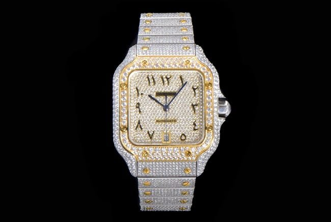top-tier replicaCartiersuper clone men's gold disc steel bracelet Santos series Gypsophila full automatic movement watch front view