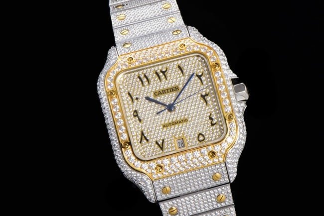 top-tier replicaCartiersuper clone men's gold disc steel bracelet Santos series Gypsophila full automatic movement watch front view