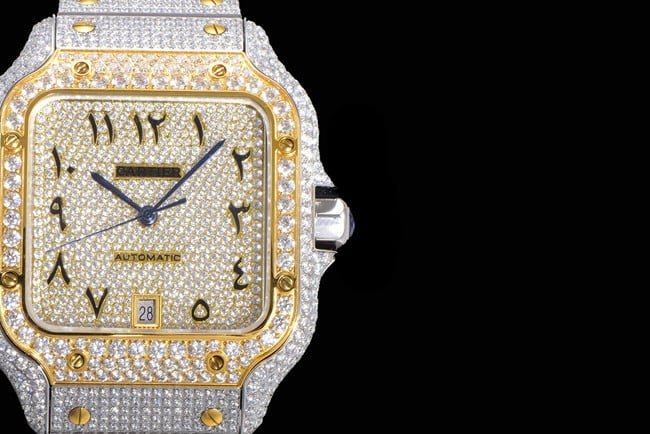 top-tier replicaCartiersuper clone men's gold plate steel bracelet Santos series gypsophila full automatic movement watch detail shots