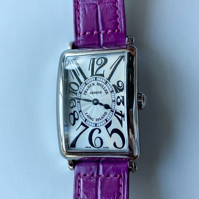 Frank Muller Reloj LONG ISLAND 1002 QZ CHR MET One-to-One Super A para mujer, disco blanco, cinturón cuadrado morado, ajuste perfecto — luxury replica watch guide | Watch Replica Expert