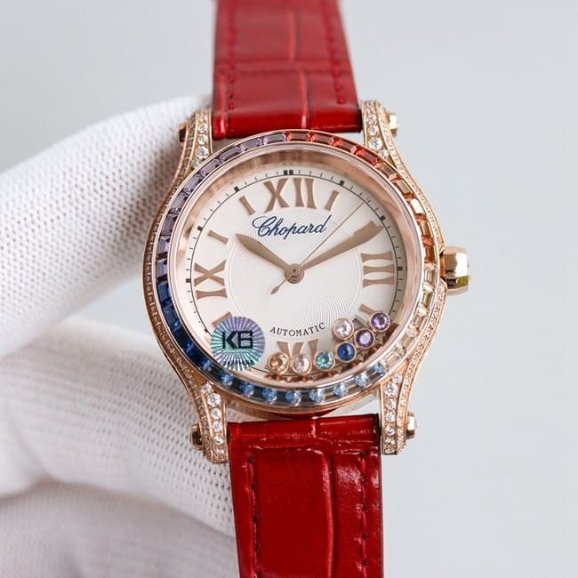 Relógio feminino HAPPY SPORT com qualidade super clone da Chopard, disco prateado e branco com diamantes coloridos ativos, modelo com pulseira de aço fino cravejado de diamantes — luxury replica watch guide | Watch Replica Expert