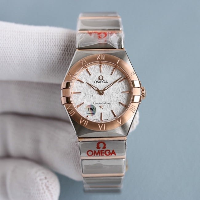 TW factory Omega women's watch white dialsteel bracelet constellation series quartz front view