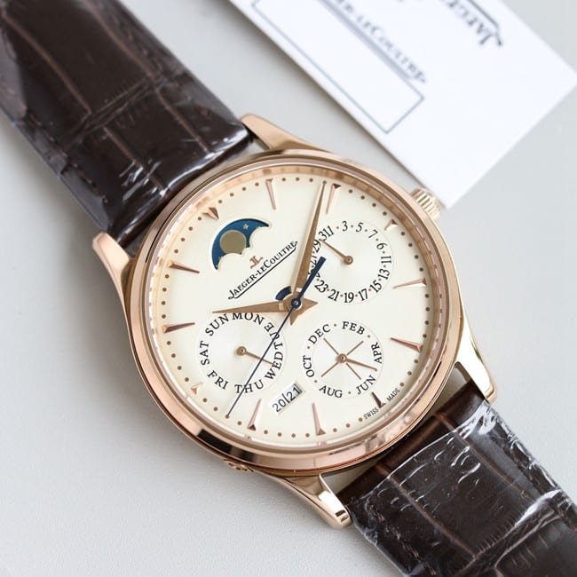 TW factory Jaeger-LeCoultremoon phase watch three major complex functions master series fully automatic movement men's white dial brown belt watch top-tier replicaleather strap front view