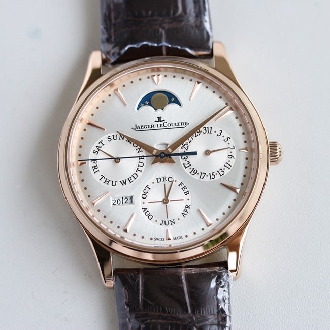 TW factory Jaeger-LeCoultremoon phase watch three major complex functions master series fully automatic movement men's white dial brown belt watch top-tier replicaleather strap front view