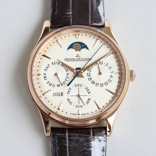 TW factory Jaeger-LeCoultremoon phase watch three major complex functions master series fully automatic movement men's white dial brown belt watch top-tier replicaleather strap front view