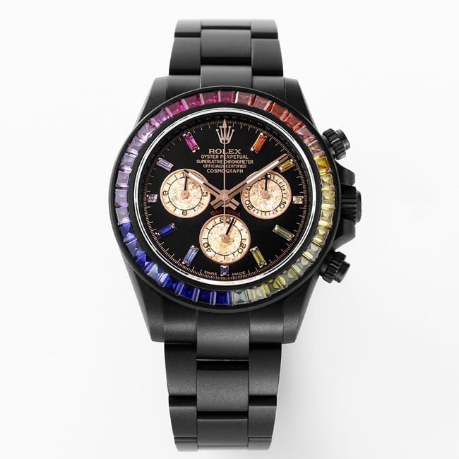 IPK Factory Rolex Herren Daytona verschleißfeste schwarze Platte mit Regenbogen-Diamantoberteil, 1:1-Replikuhr, schwarzes Stahlband — luxury replica watch guide | Watch Replica Expert
