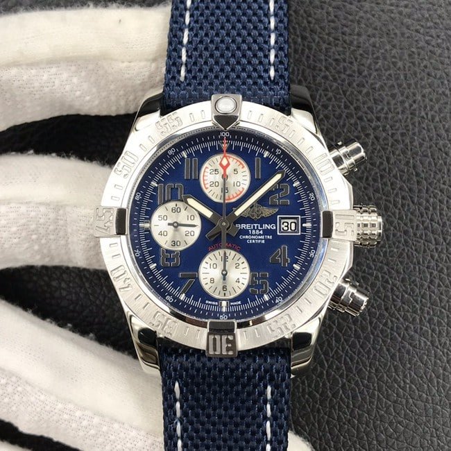 top-tier replicaBreitlinghigh-quality replica men's blue dial nylon strap Avengers chronograph fully automatic movement watch front view