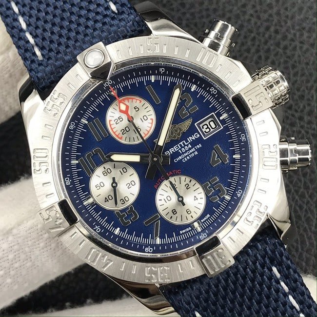 top-tier replicaBreitlinghigh-quality replica men's blue dial nylon strap Avengers chronograph fully automatic movement watch front view
