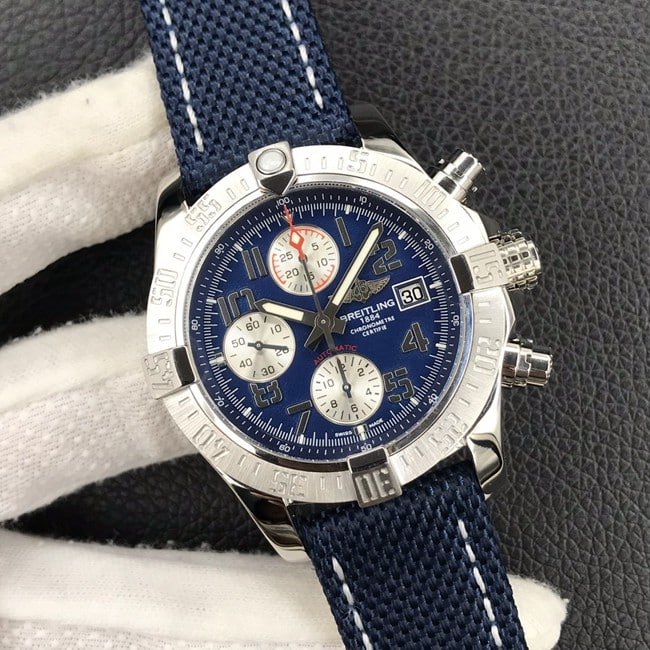 top-tier replicaBreitlinghigh-quality replica men's blue dial nylon strap Avengers chronograph fully automatic movement watch front view