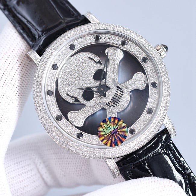 top-tier real diamond replica Anglia time series skull watch front view
