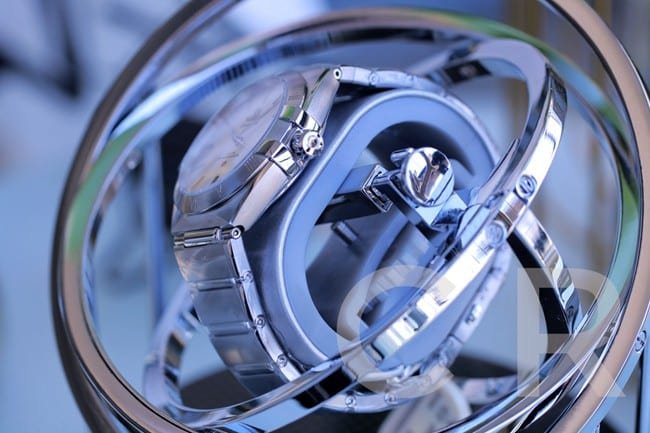 Top replica Omega Constellation Series Fifth Generation Black Dial Silver Steel Band Men's Watch Side View