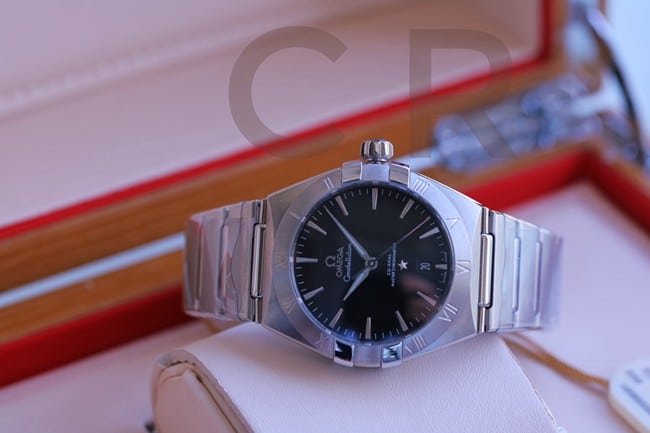 Top replica Omega Constellation Series Fifth Generation Black Dial Silver Steel Band Men's Watch Front View