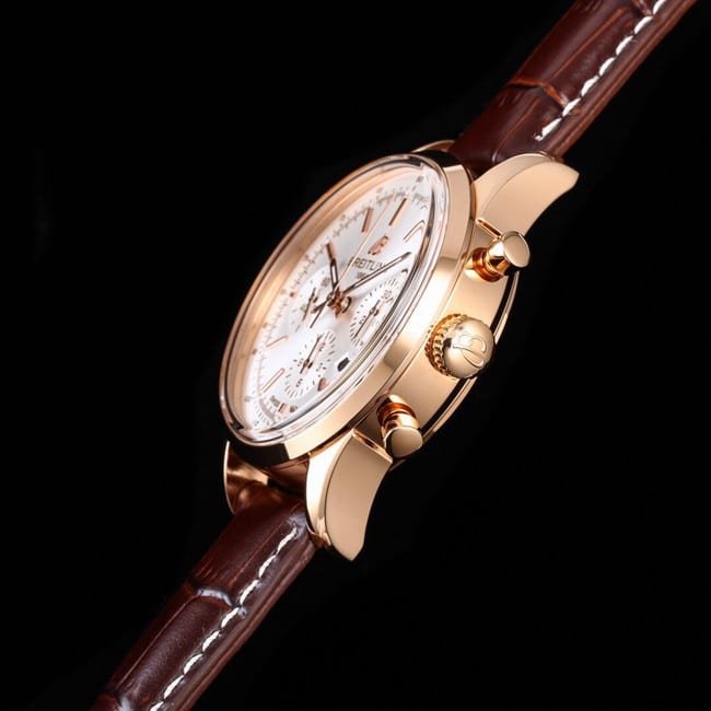 top-tier replica watch Breitling overseas series chronograph gold steel case watch side view