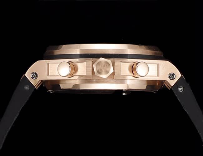 Side View of a Top-Quality Audemars Piguet Replica: Audemars Piguet Royal Oak Rose Gold Case Women's Multifunction Mechanical Chronograph Watch