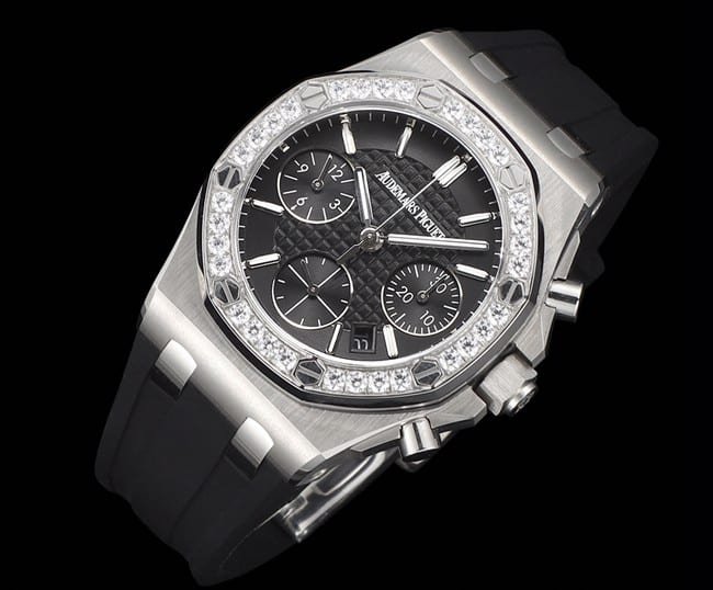 top-tier replica watch Audemars PiguetAudemars Piguet Royal Oak women's multifunctional chronograph black dial mechanical watch front view