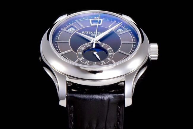 GR Top Replica Watches Patek Philippe 5205G-013 Complications Series Top Version White Steel Black Back Men's Watch Front View