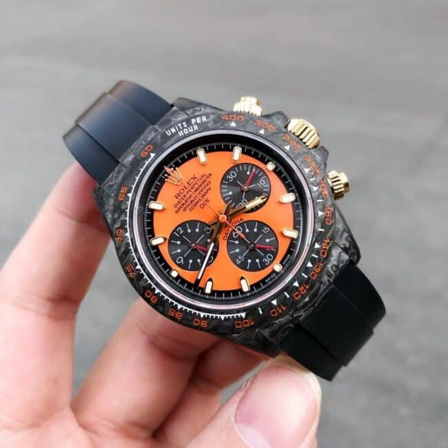 TW factory top-tier replica watch Rolex universe chronograph Daytona series carbon fiber customized version black dial orange bottom men's watch front view