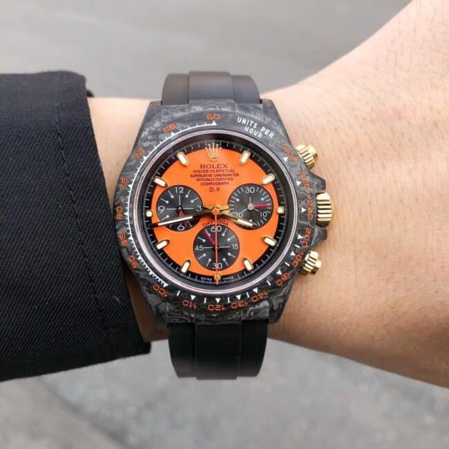 TW factory top-tier replica watch Rolex universe chronograph Daytona series carbon fiber customized version black dial orange bottom men's watch front view