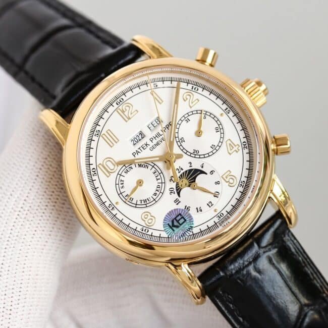 top-tier replica watch Patek Philippe super complex function chronograph series 18K gold white bottom men's mechanical watch front view
