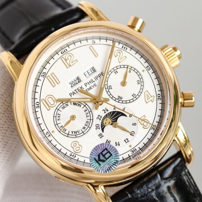 top-tier replica watch Patek Philippe super complex function chronograph series 18K gold white bottom men's mechanical watch front view