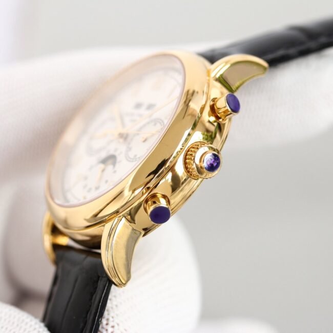 top-tier replica watch Patek Philippe super complex function chronograph series 18K gold white bottom men's mechanical watch side view