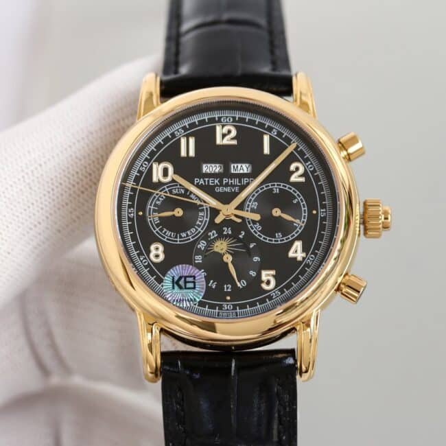 top-tier replica watch Patek Philippe super complex function chronograph series 18K gold white bottom men's mechanical watch front view