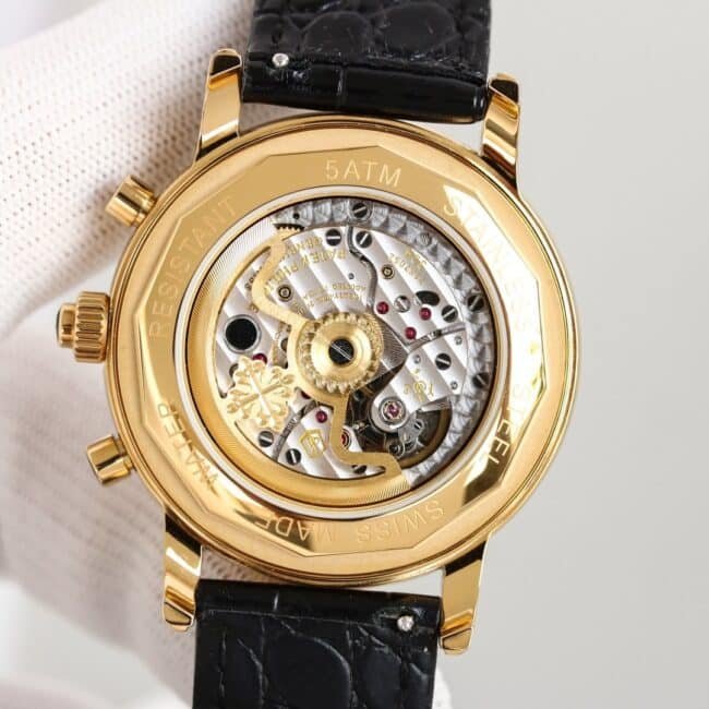 top-tier replica watch Patek Philippe super complex function chronograph series 18K gold white bottom men's mechanical watch movement picture