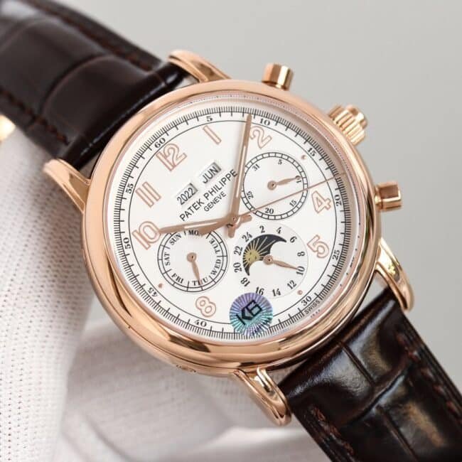 top-tier replica watch Patek Philippe rose gold white background complex function chronograph series men's mechanical watch front view