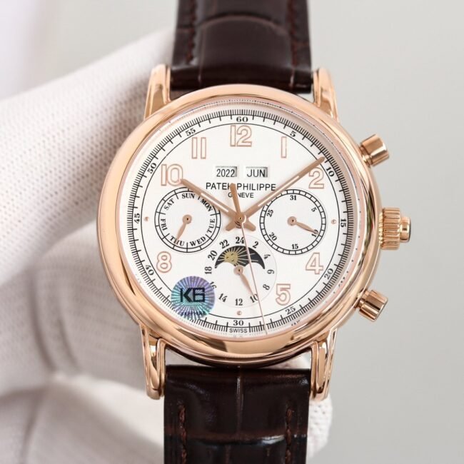 top-tier replica watch Patek Philippe rose gold white background complex function chronograph series men's mechanical watch front view