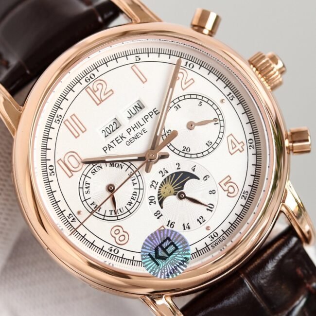 top-tier replica watch Patek Philippe rose gold white background complex function chronograph series men's mechanical watch front view