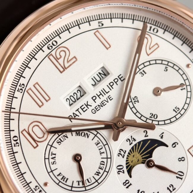 top-tier replica watch Patek Philippe rose gold white background complex function chronograph series men's mechanical watch detail shots