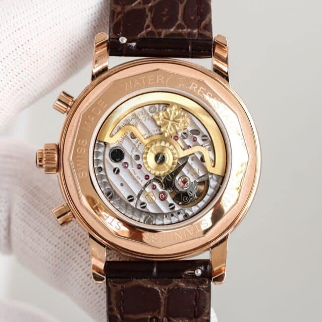 top-tier replica watch Patek Philippe rose gold white background complex function chronograph series men's mechanical watch movement picture