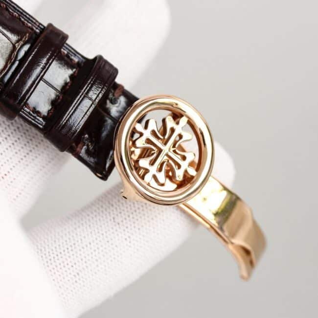 top-tier replica watch Patek Philippe rose gold white background complex function chronograph series men's mechanical watch clasp picture