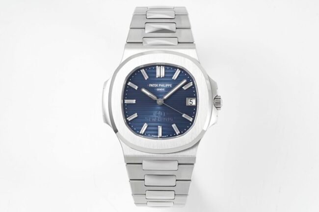 top-tier replica watch Patek Philippe Nautilus 40th anniversary white steel blue bottom men's mechanical watch front view