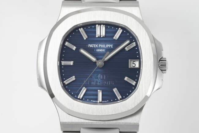 top-tier replica watch Patek Philippe Nautilus 40th anniversary white steel blue bottom men's mechanical watch front view