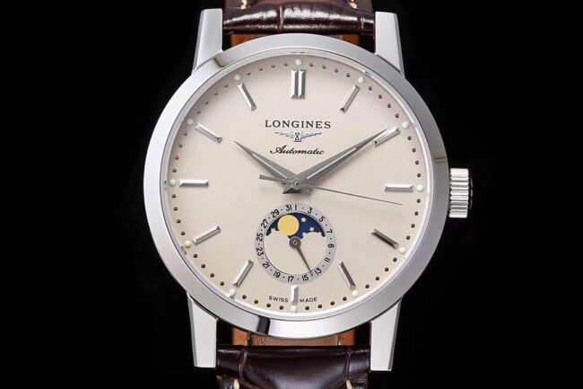 top-tier replica watch Longines classic retro series 1832 white steel white bottom mechanical men's watch front view