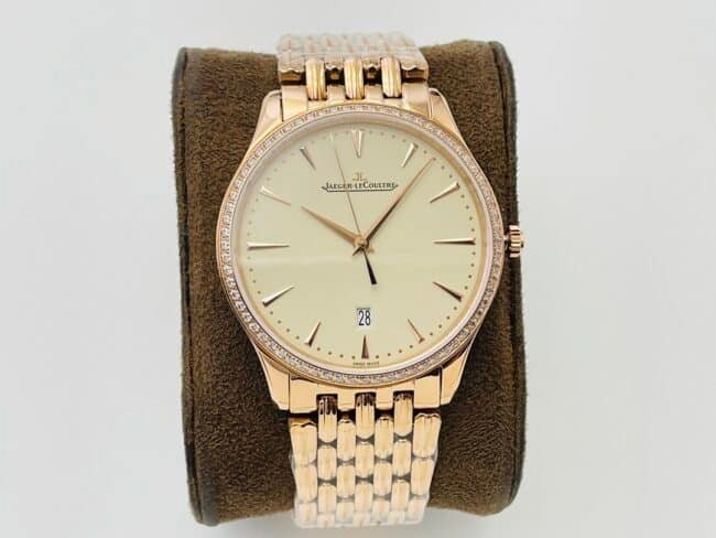 Jaeger-LeCoultre Ultra Thin Master Series Men's Super Clone Watch with 18k Gold-Plated Steel Strap, Diamonds, Silver Dial and Sunny Texture — detailed review and buying guide | Watch Replica Expert