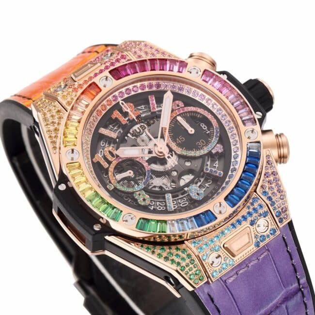 top-tier replica watch Hublot watch BIG BANG Unico big bang series rainbow full diamond men's watch front view