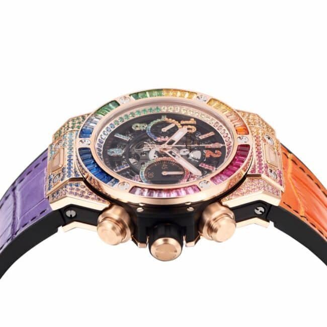 top-tier replica watch Hublot watch BIG BANG Unico big bang series rainbow full diamond men's watch side view