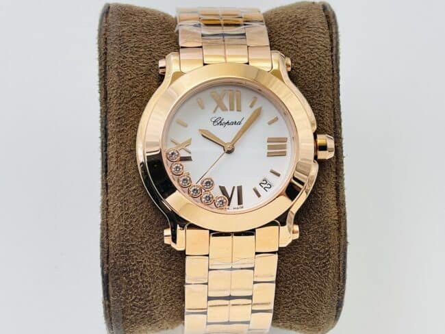 YF factory top-tier replica watch ChopardHAPPY DIAMONDS series 18K gold white dial ladies watch front view