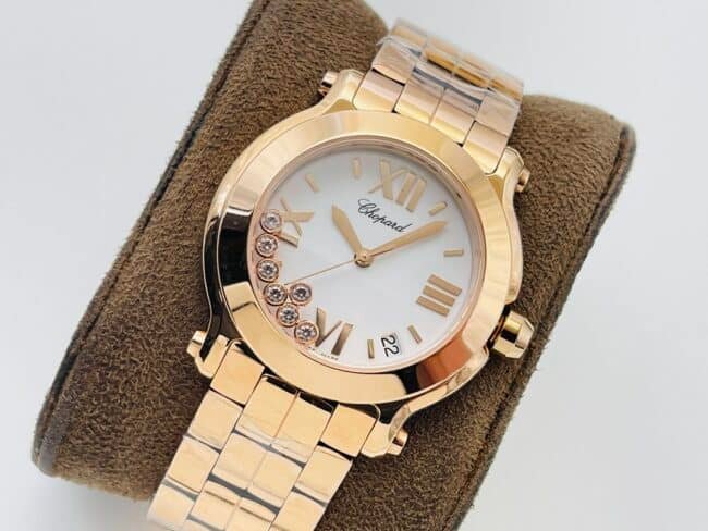 YF factory top-tier replica watch ChopardHAPPY DIAMONDS series 18K gold white dial ladies watch front view