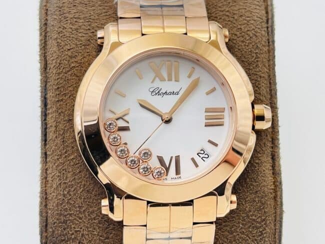 YF factory top-tier replica watch ChopardHAPPY DIAMONDS series 18K gold white dial ladies watch front view