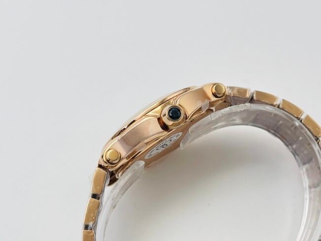 YF factory top-tier replica watch ChopardHAPPY DIAMONDS series 18K gold white dial ladies watch side view
