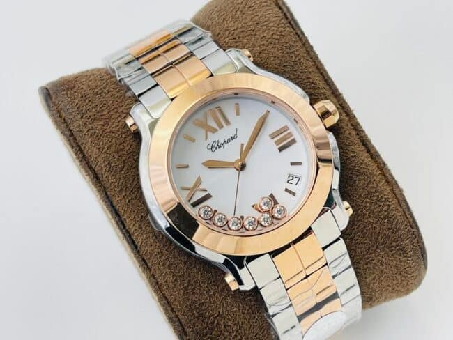 YF factory top-tier replica watch ChopardHAPYDIAMONDS series ladies indirect rose golddial watch with diamonds front view