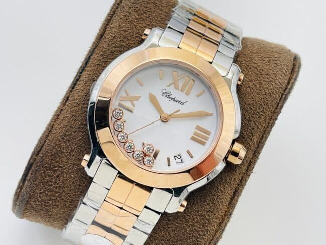 YF factory top-tier replica watch ChopardHAPYDIAMONDS series ladies indirect rose golddial watch with diamonds front view