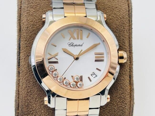 YF factory top-tier replica watch ChopardHAPYDIAMONDS series ladies indirect rose golddial watch with diamonds front view